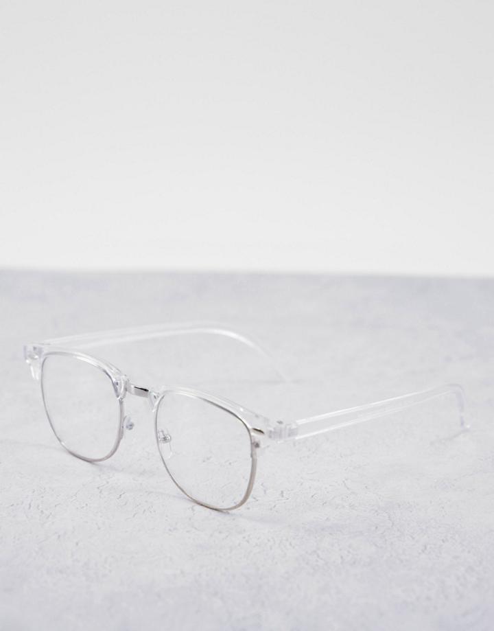 Asos Design Round Fashion Glasses In With Silver Frame With Clear Lens
