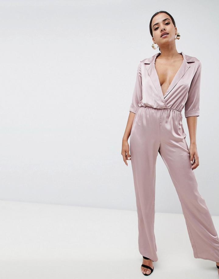 Missguided Satin Tux Tie Waist Jumpsuit - Pink