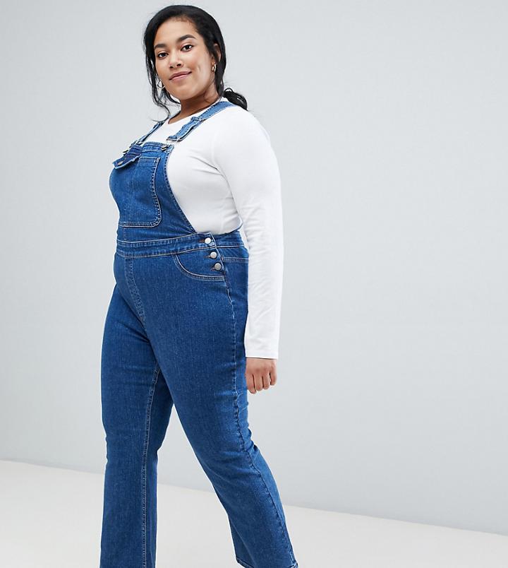 Asos Design Curve Denim Overall With Kickflare In Midwash Blue - Blue