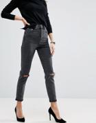 Asos Design Farleigh High Waist Slim Mom Jeans In Washed Black With Busted Knees - Black