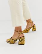 Asos Design Harmonica Mid Heeled Sandals In Yellow Snake - Yellow