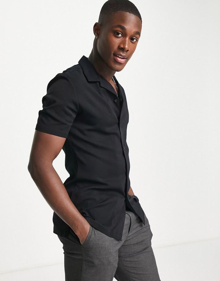 Asos Design Deep Camp Collar Muscle Viscose Shirt In Black