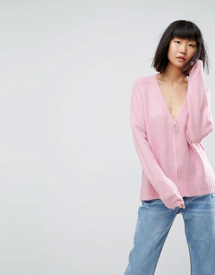 Asos Oversized Cardigan With Zip Front - Pink