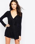Influence Long Sleeve Wrap Front Romper - Navy