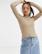 Bershka Basic Ribbed Crew Neck Sweater In Camel-brown