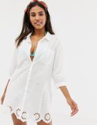 Accesorize Scallop Edge Broderie Cutwork Beach Shirt In White - White