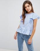 Brave Soul Heidi Gingham Top Wih Frill Detail - Blue