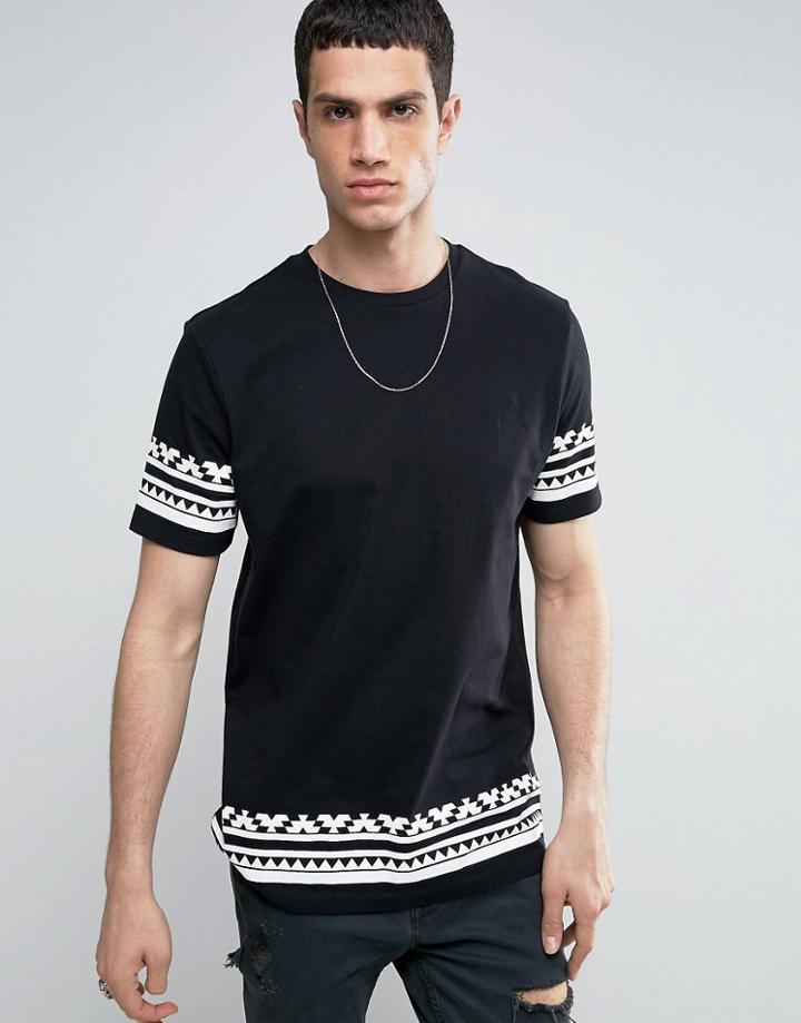 Asos Longline T-shirt With Geo-tribal Hem Print - Black