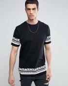 Asos Longline T-shirt With Geo-tribal Hem Print - Black
