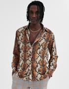 Sacred Hawk Long Sleeve Shirt In Rust Snakeskin Print-orange