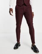 Asos Design Wedding Super Skinny Wool Mix Suit Pants In Burgundy Herringbone-red