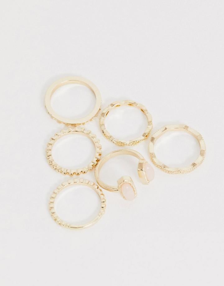 Asos Design Pack Of 6 Rings In Engraved Design With Pink Stone In Gold Tone - Gold