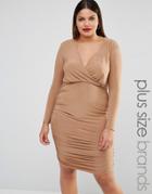 Club L Plus Slinky Ruched Dress With Wrap Front - Tan