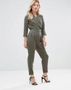 Alter Petite Tailored Wrap Front Jumpsuit With Tie Belt - Green