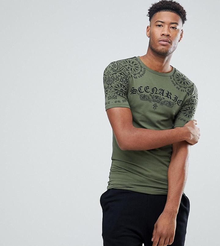 Asos Tall Longline Muscle T-shirt With Bandana Yoke Print - Green