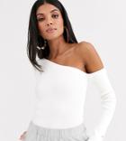 Asos Design Tall One Shoulder Rib Sweater With Button Cuff-white