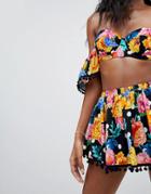 Asos Design Spot Floral Print Pom Pom High Waist Skirted Bikini Bottom-multi