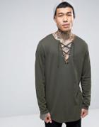 Asos Longline Long Sleeve T-shirt With Lace-up Neck - Green