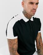 Asos Design Organic Polo Shirt With Contrast Shoulder Panel In Black - Black