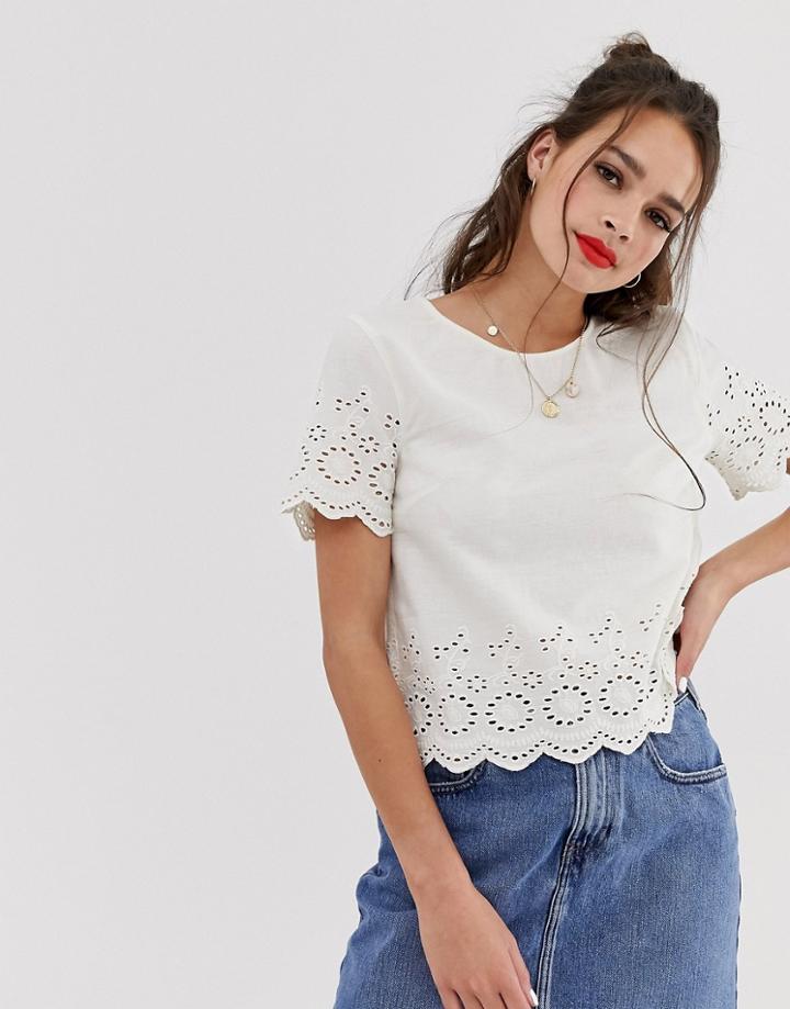 Miss Selfridge Linen Broderie Tee In Ivory - White