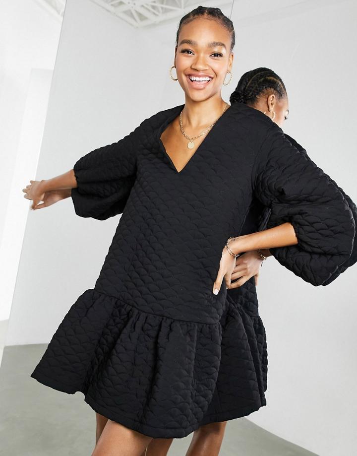 Asos Edition Quilted Mini Dress With Tiered Hem In Black