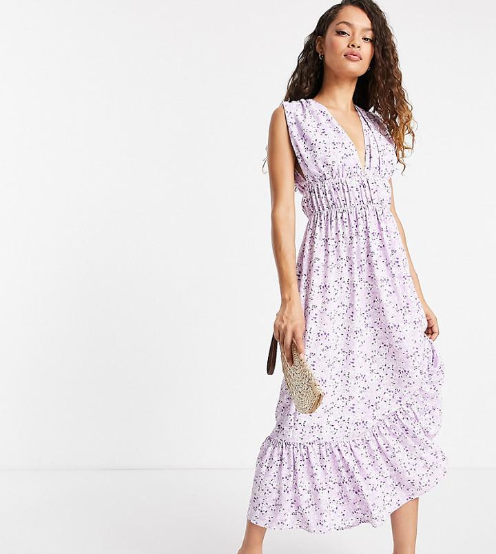 Asos Design Petite Ruched Waist Midi Tea Dress In Lilac Floral Print-multi