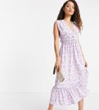 Asos Design Petite Ruched Waist Midi Tea Dress In Lilac Floral Print-multi