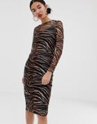 New Look Midi Dress With Mesh In Tiger Print - Black