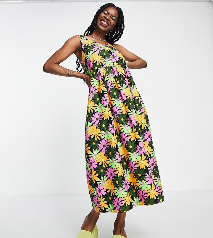 Collusion Twill Sleeveless Floral Printed Midi Dress In Multi