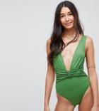 Asos Design Tall Recycled Plunge Ruched Front Swimsuit-green
