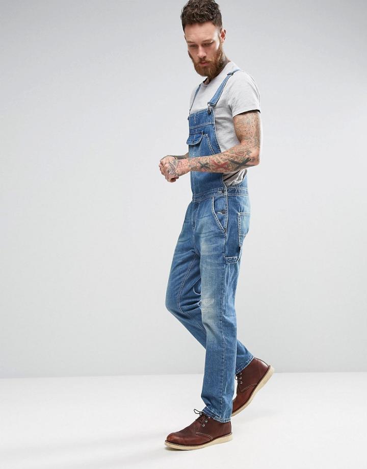Asos Denim Overalls With Retro Front Pocket In Vintage Light Blue Wash - Blue