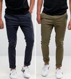 Asos 2 Pack Skinny Chinos In Khaki & Navy Save - Multi