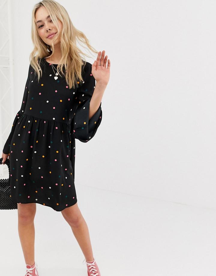 Asos Design Fluted Sleeve Smock Mini Dress In Multi Polka Dot