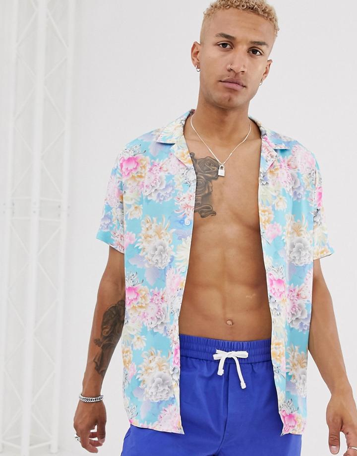 Asos Design Regular Fit Floral Shirt In Light Blue