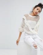 Bershka Ruffle Front Crochet Sweater - Cream