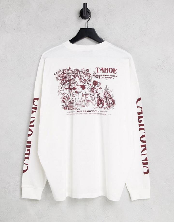 Asos Design Oversized Long Sleeve T-shirt In Off White With Outdoors Back And Sleeve Prints