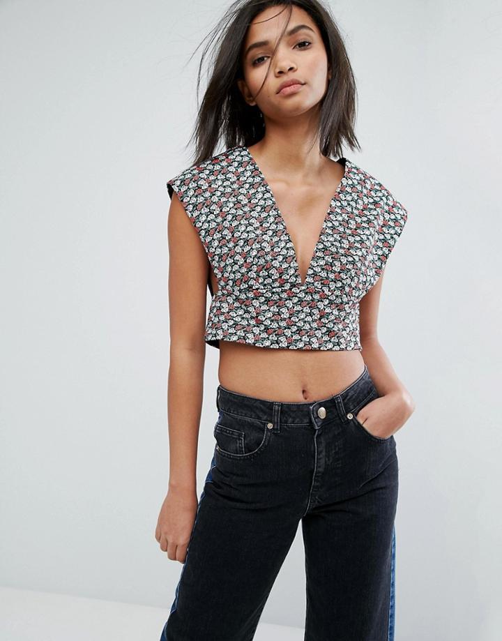 Stylenanda Deep V Neck Crop Top In Floral - Multi