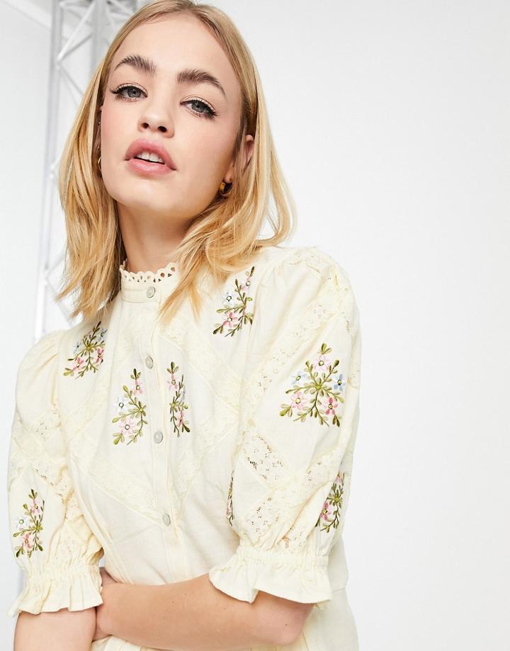 River Island Embroidered Collarless Blouse In Beige-neutral