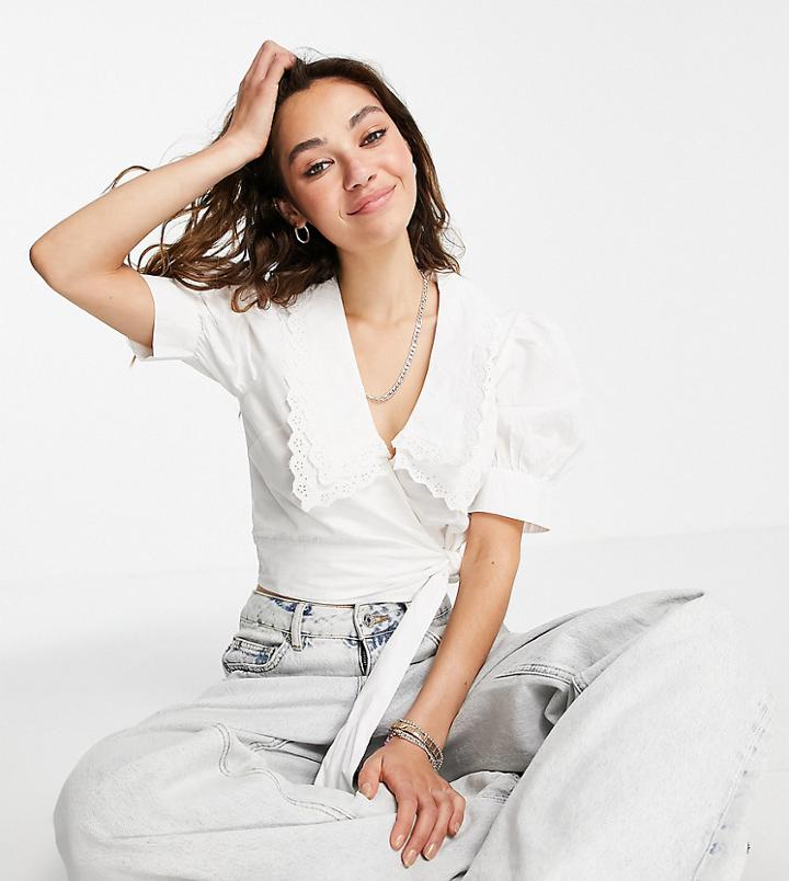 Reclaimed Vintage Inspired Short Sleeve Wrap Around Blouse With Lace Collar In White