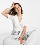 Reclaimed Vintage Inspired Short Sleeve Wrap Around Blouse With Lace Collar In White