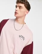 Asos Design Oversized T-shirt In Pink Color Block With Mixed Fabric And Seoul City Print