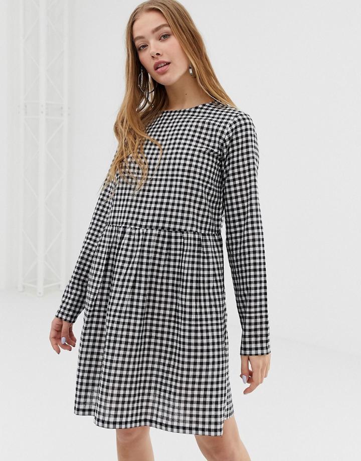 Daisy Street Long Sleeve Smock Dress In Gingham - Black