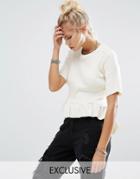 Milk It Vintage Ribbed T-shirt With Peplum Frill Hem - Cream