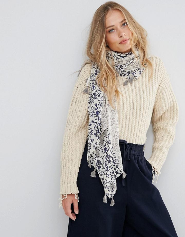 Yumi Tonal Print Scarf With Tassel Trim - Navy
