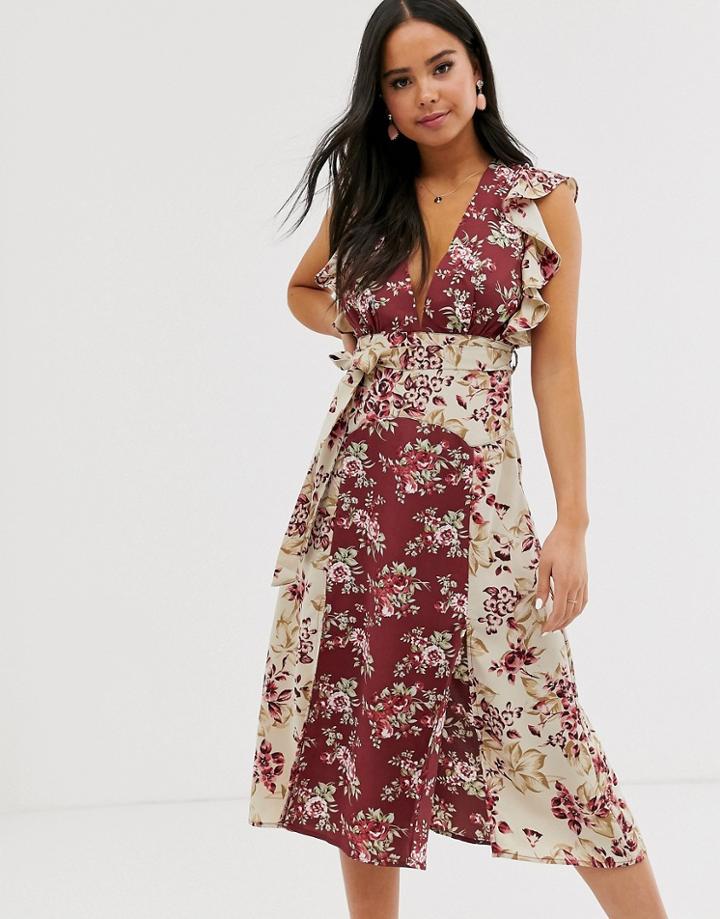 Glamorous Midaxi Dress With Belted Waist In Mixed Vintage Floral