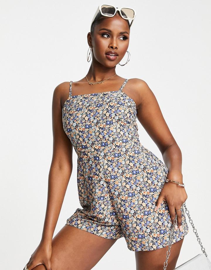 Ax Paris Square Neck Romper In Blue Floral-multi