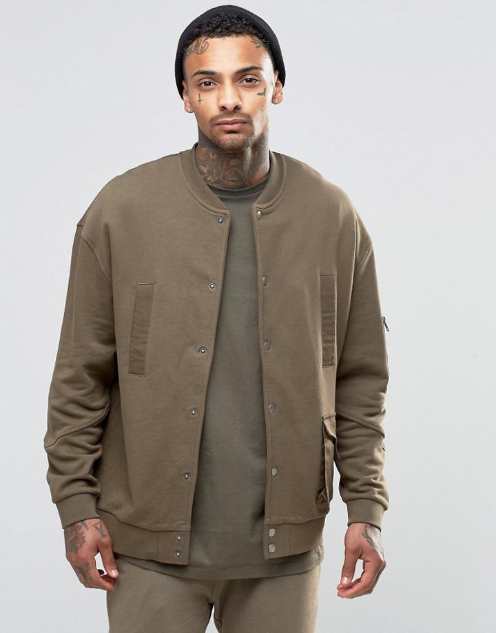 Asos Oversized Jersey Ma1 Bomber Jacket With Military Woven Pockets & Snaps - Khaki