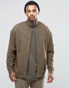 Asos Oversized Jersey Ma1 Bomber Jacket With Military Woven Pockets & Snaps - Khaki