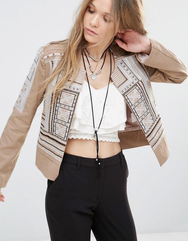 Moon River Embo And Stud Jacket - Beige