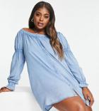 Influence Plus Puff Sleeve Smock Dress In Chambray-yellow